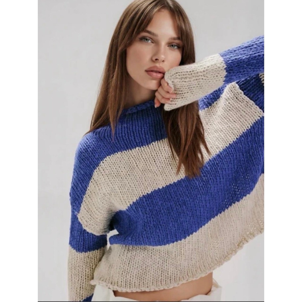 Free People Opal Rollneck Knit Stripe Sweater Cobalt Combo Women L NWT